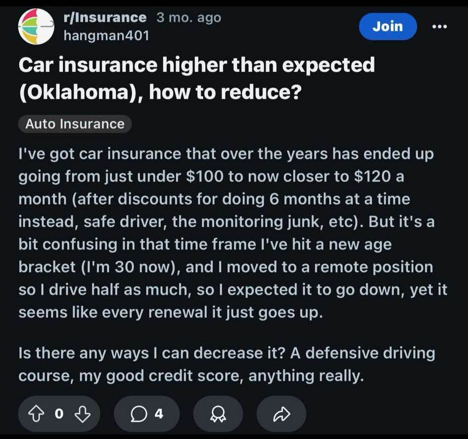Reddit Post Screenshot: Cheap Auto Insurance in Oklahoma Reddit Post Screenshot: Cheap Auto Insurance in Oklahoma